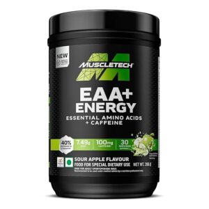 muscletech eaa + energy | essential amino acids + 100mg caffeine | replenish electrolytes | ultimate recovery 7.4 grams eaa | 4.5 grams bcaa | 3 grams leucine | 30 servings | sour apple, powder