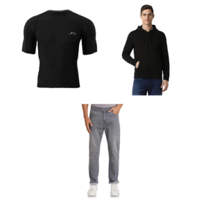peter england men cotton hoodie black + pro shark black compression t shirt + grey men's jeans